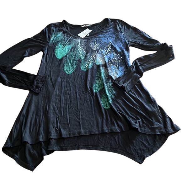 Wet Seal XS Black Knit Tunic Top Feather Design Rhinestone Embellished Y2K - Picture 1 of 9